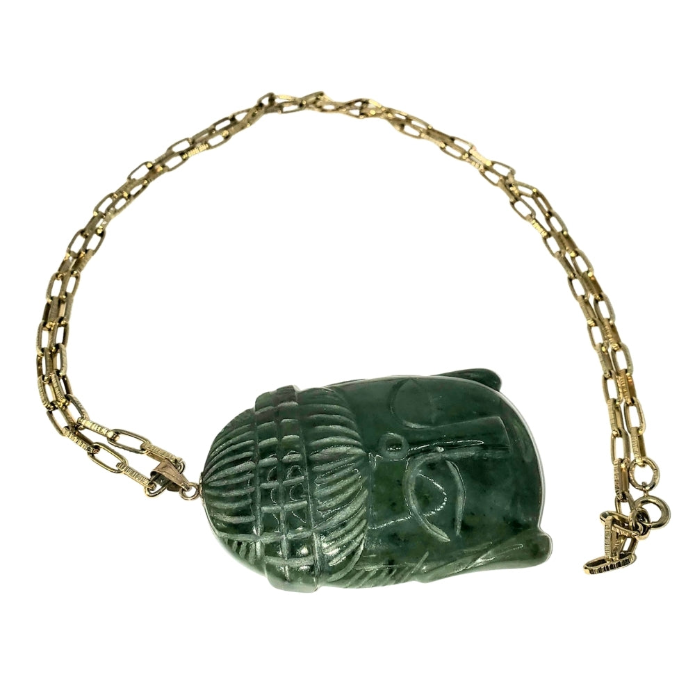 Mid-Century Carved Jade Buddha Pendant with Gold Fill Square Link Chain