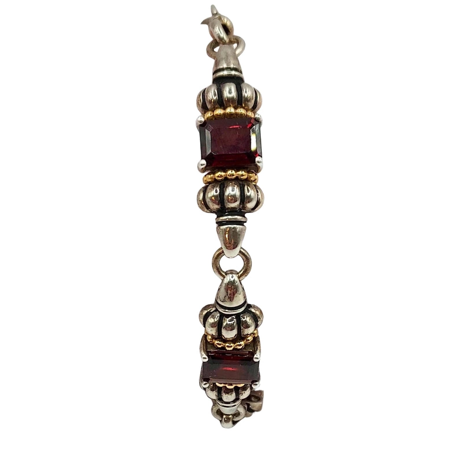 Sterling 5-segment bracelet w/square garnets and gold accents.  Swivel hook clasp.  Marked CID, 925 14K  Maker Clyde Dunier