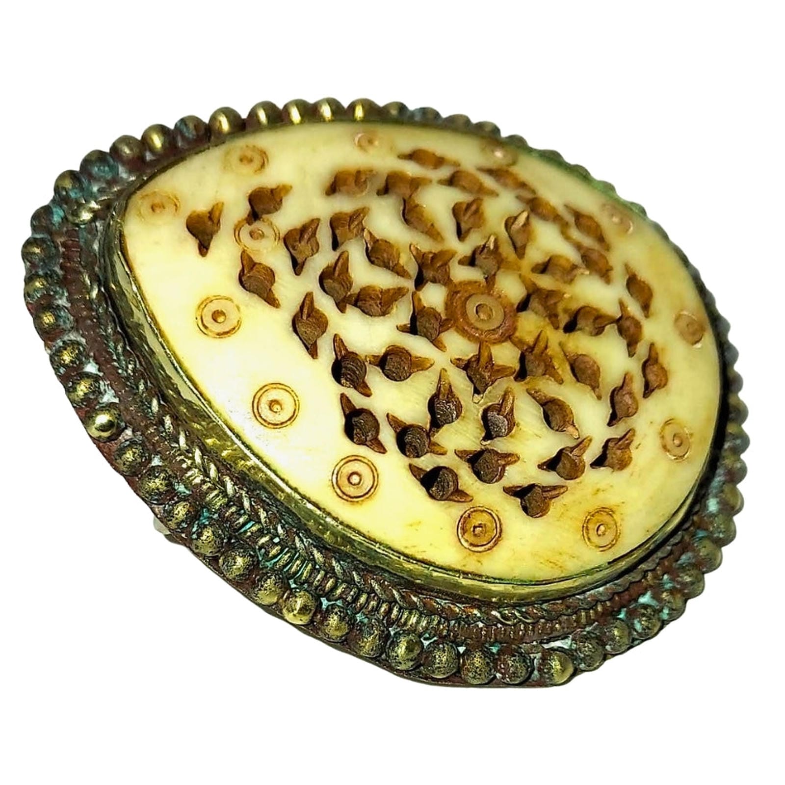 Pierced Bone Brooch - Asian Teardrop Shape, Silver-Washed Base Metal
