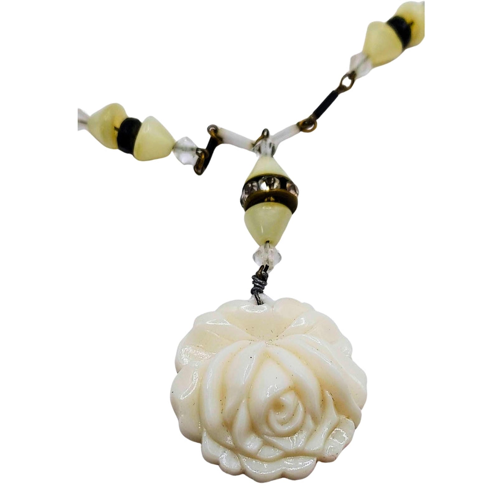 Art Nouveau Bakelite Rose Necklace with Jet & Shell Beads