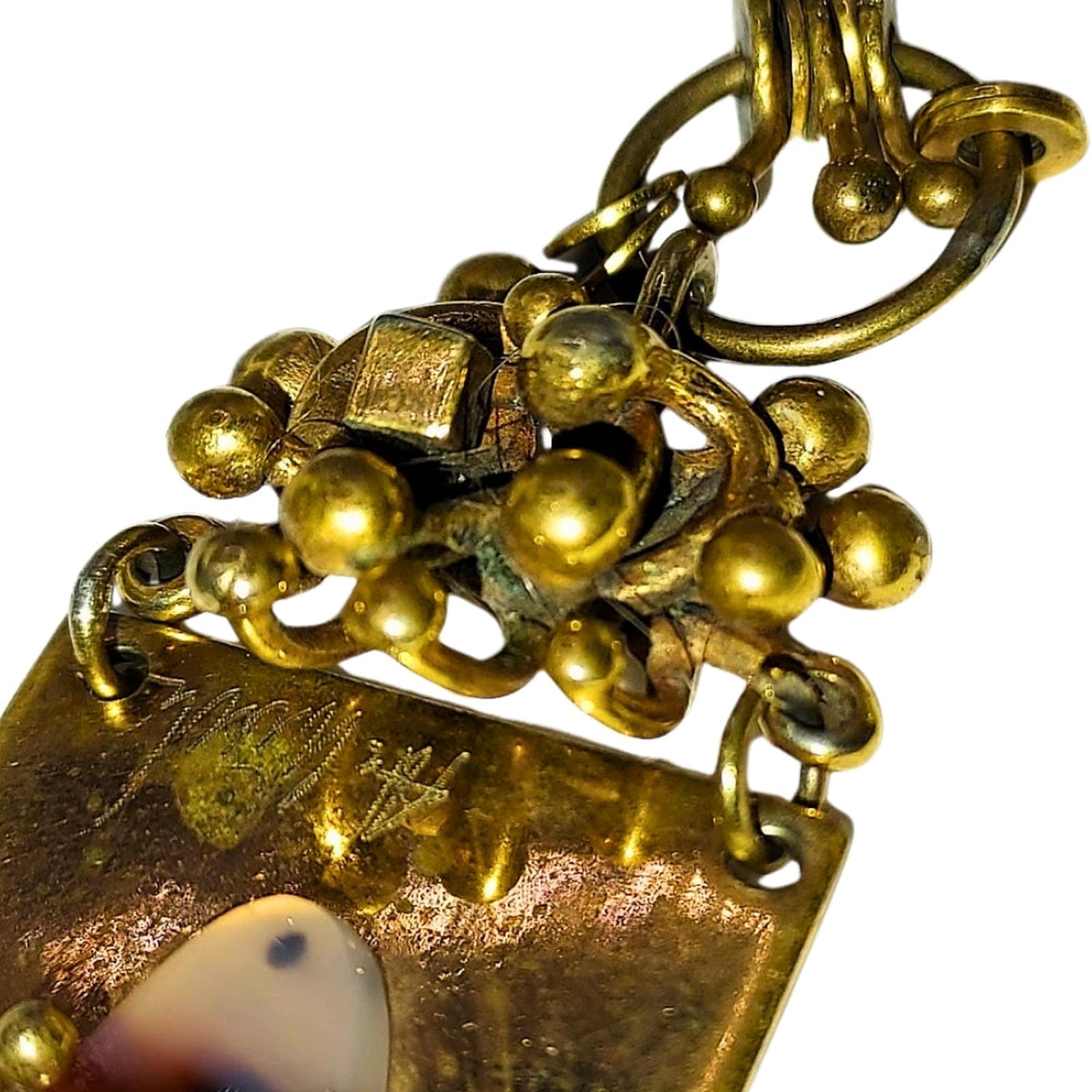 Brutalist Mid Century Artisan Brown Stone in Brass Pendant
