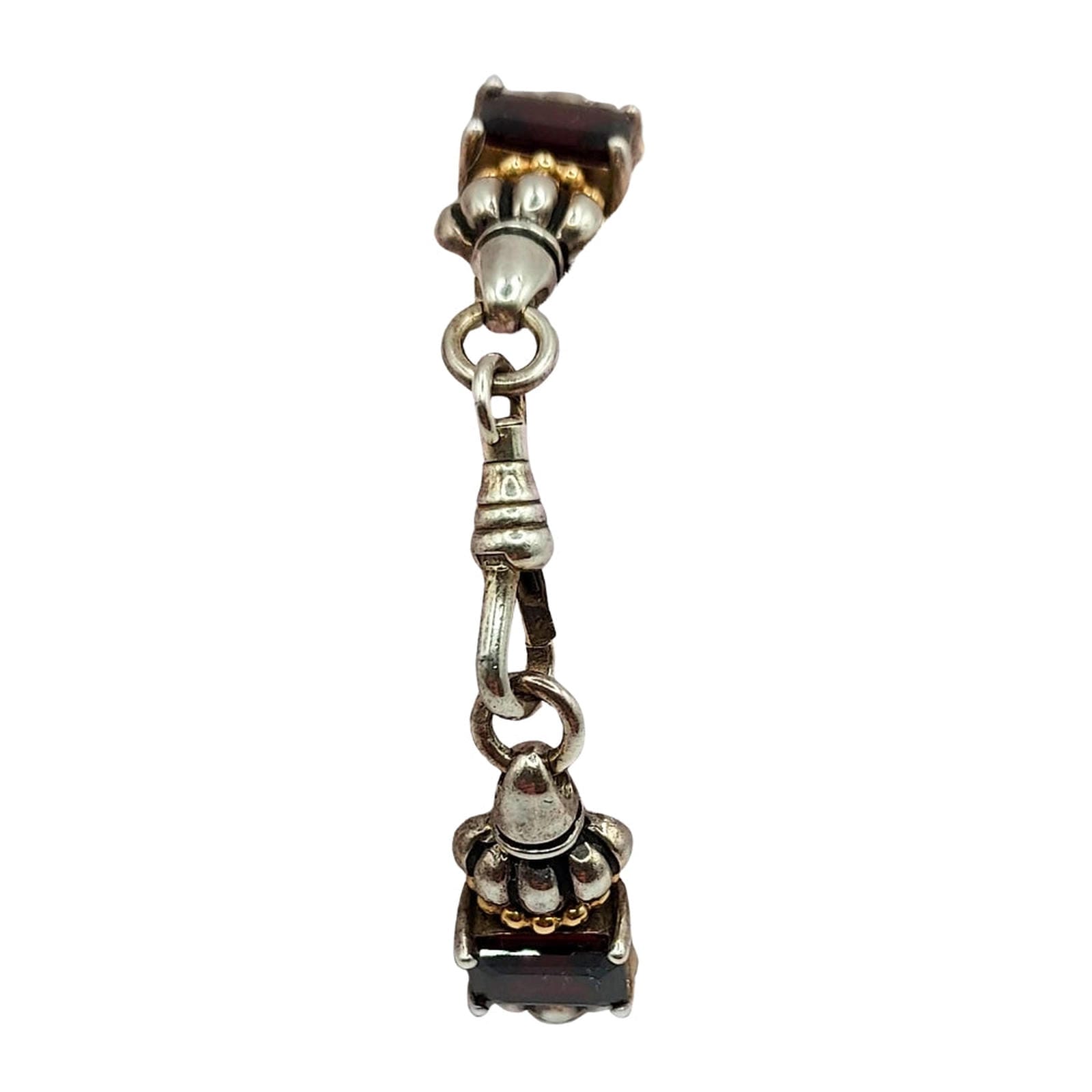 Sterling 5-segment bracelet w/square garnets and gold accents.  Swivel hook clasp.  Marked CID, 925 14K  Maker Clyde Dunier