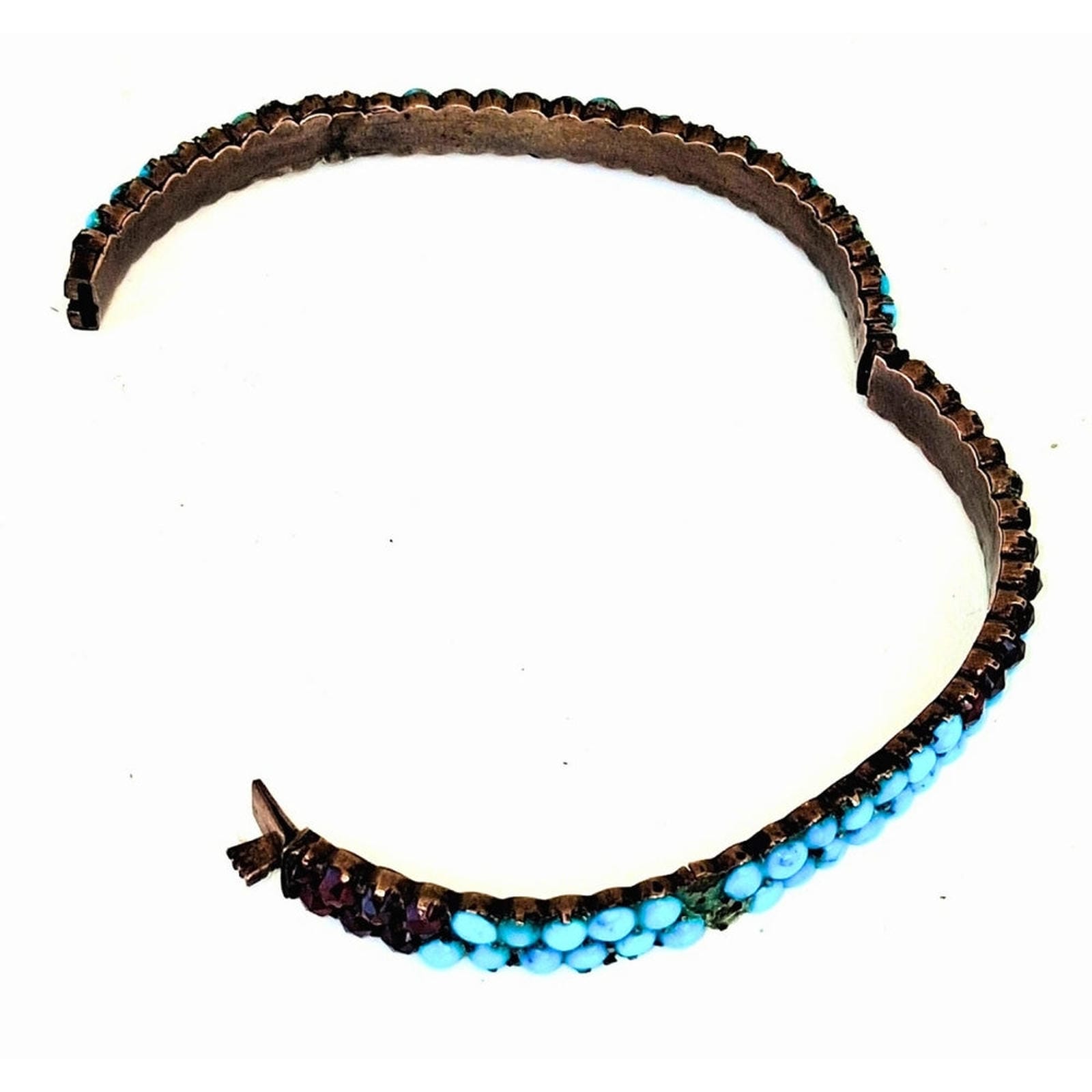 Antique Turquoise & Garnet Bangle - Copper Band