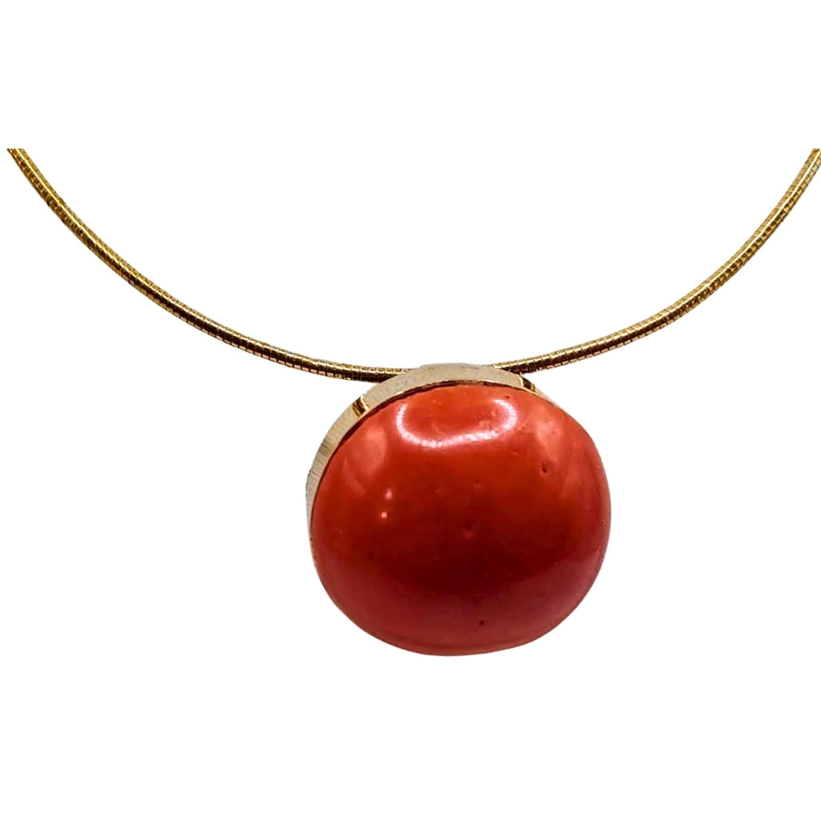 Coral Cabochon Pendant/Pin on Gold Ring Necklace