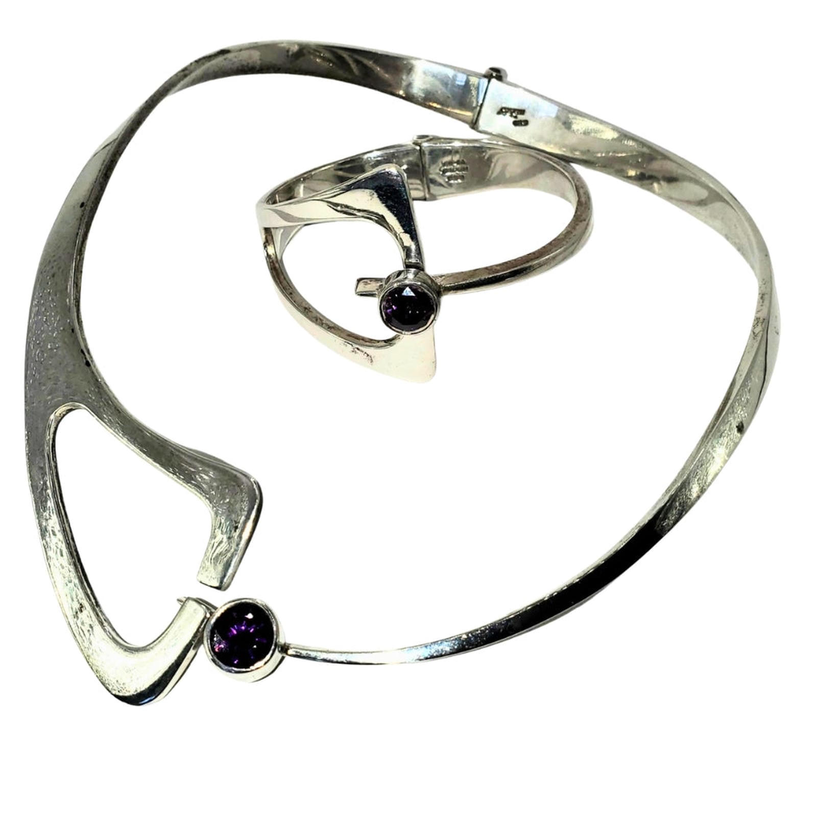 Mid-Century Mexico Artisan .925 Sterling Silver Amethyst Choker & Bracelet Set