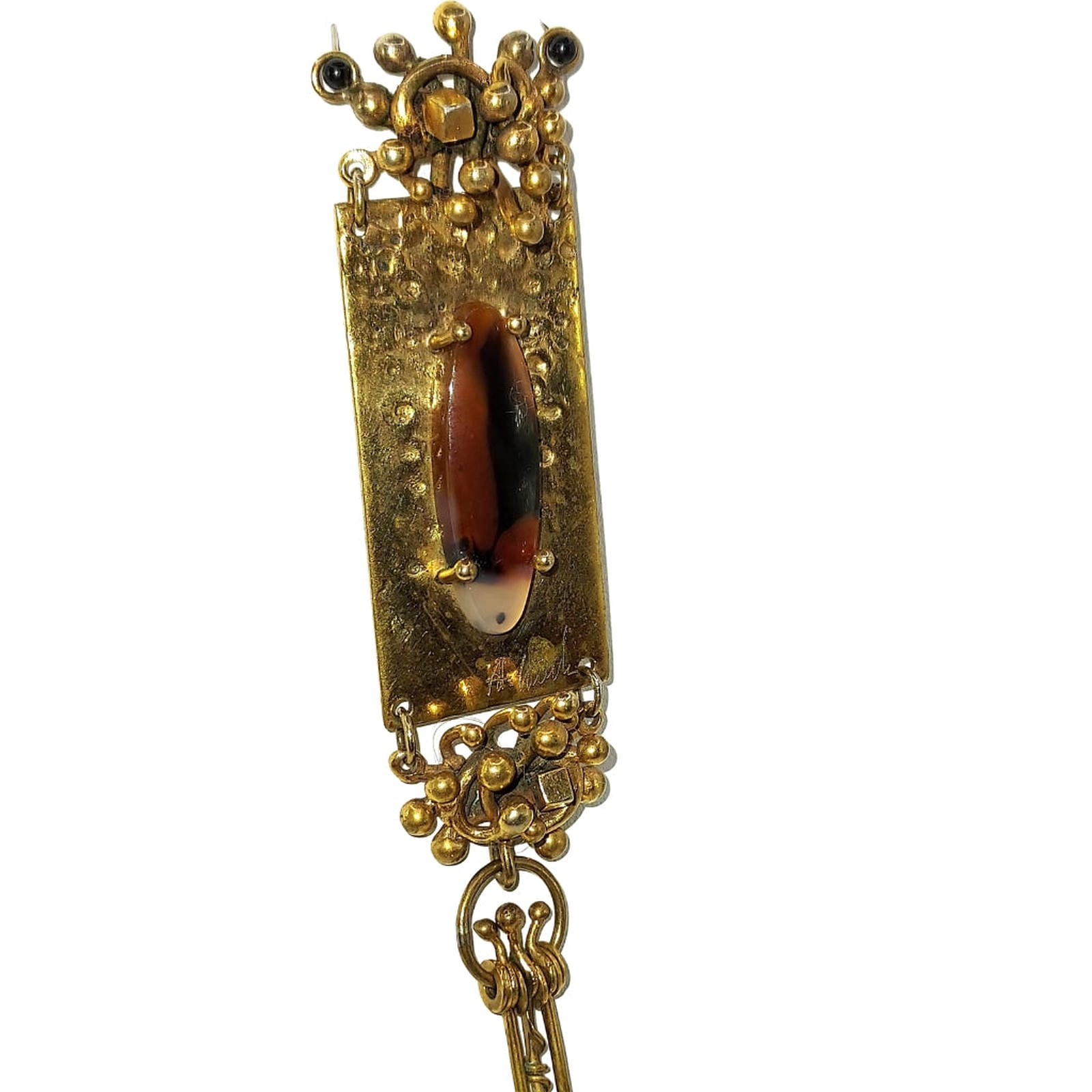 Artisan Hand Crafted Mid Century Pendant, Brass  with Brown Stone & Nugget Dangles