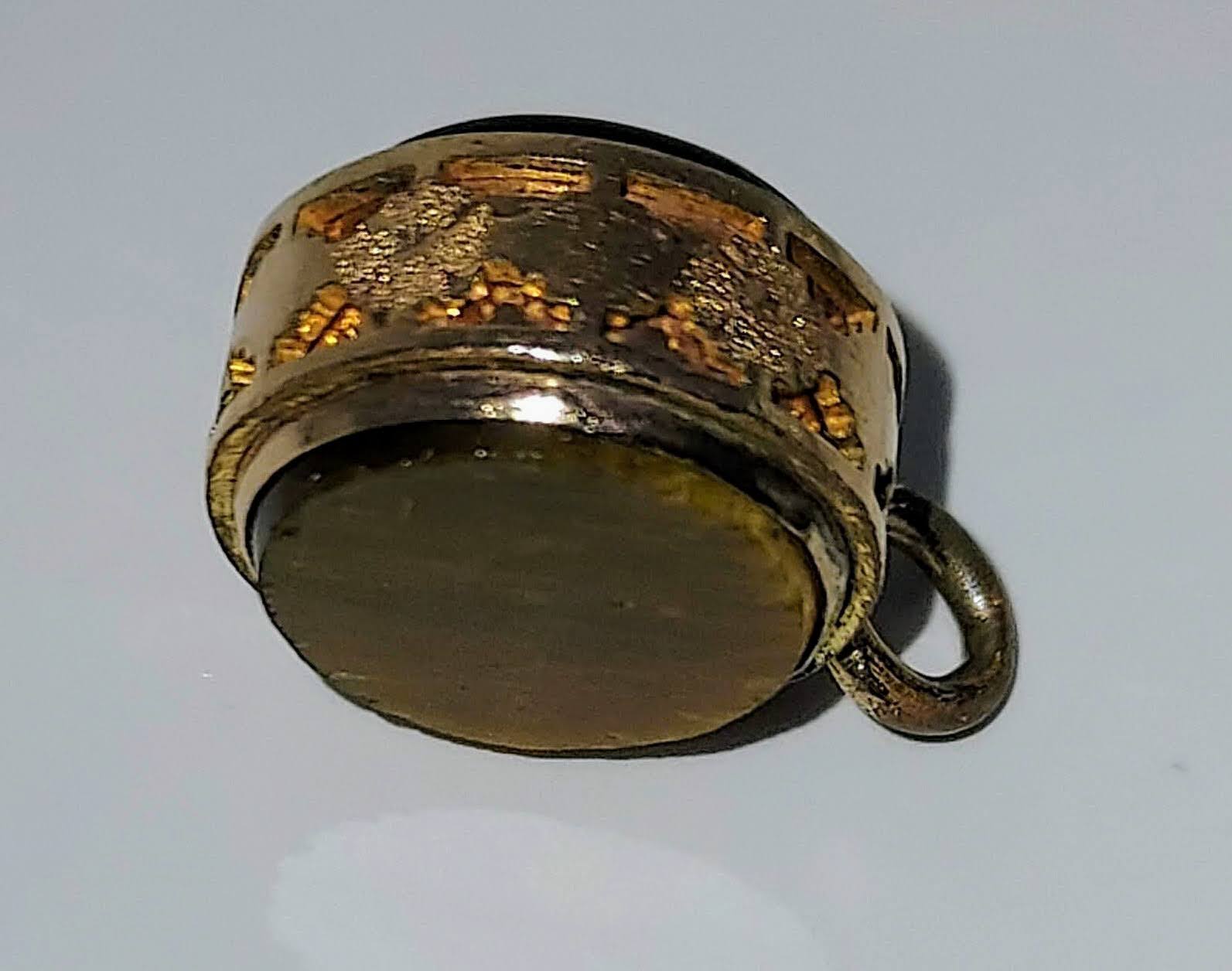 Onyx Intaglia & TigersEye Watch Fob in Cut Work Rose Gold Frame