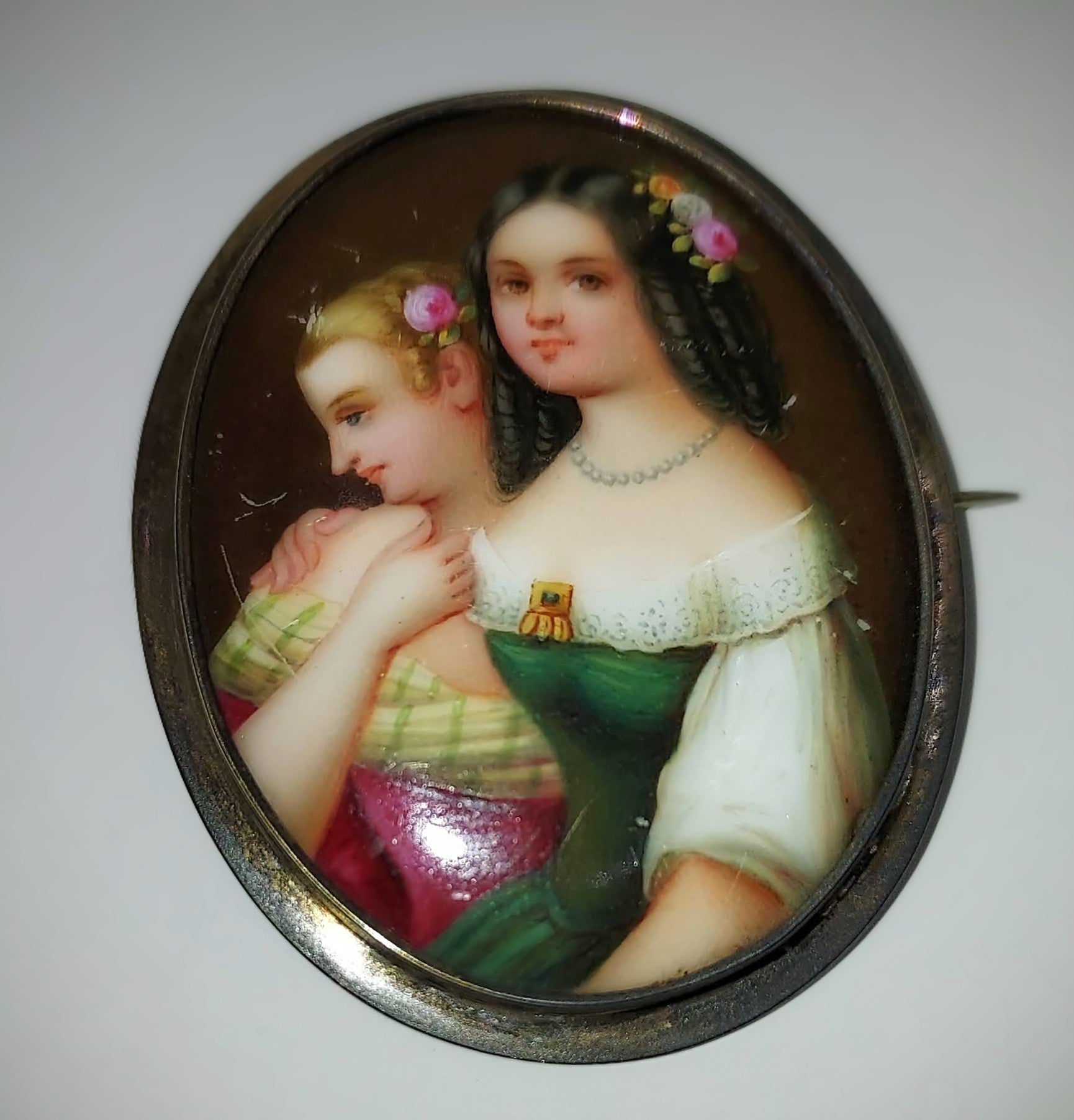 Hand Painted Porcelain Portrait Pin of 2 Young Ladies, set in plain 1/4" German Silver bezel