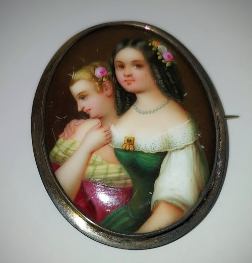 Hand Painted Porcelain Portrait Pin of 2 Young Ladies, set in plain 1/4" German Silver bezel
