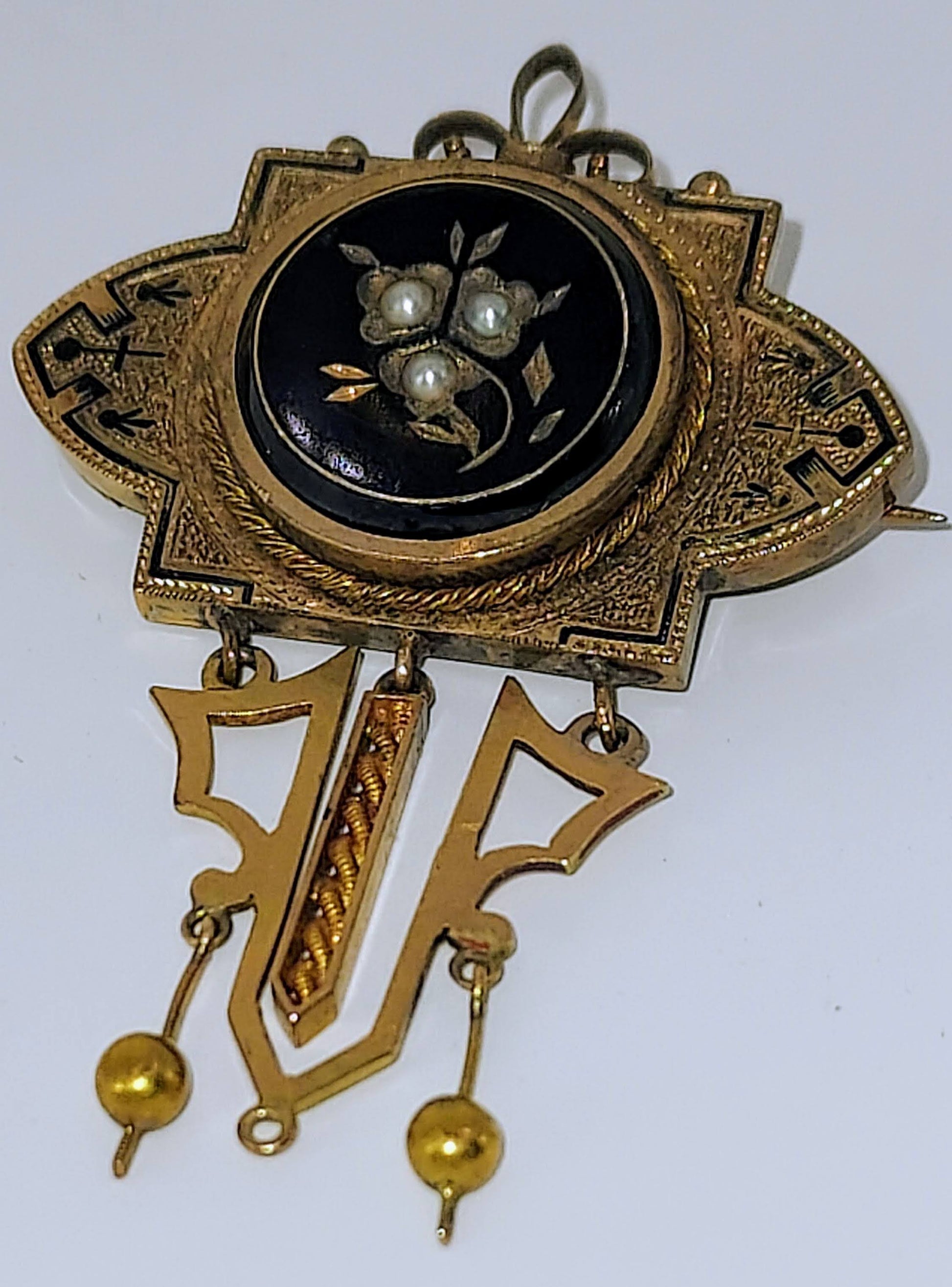 Victorian 10K Gold Onyx & Pearl Enamel Pin with Dangles