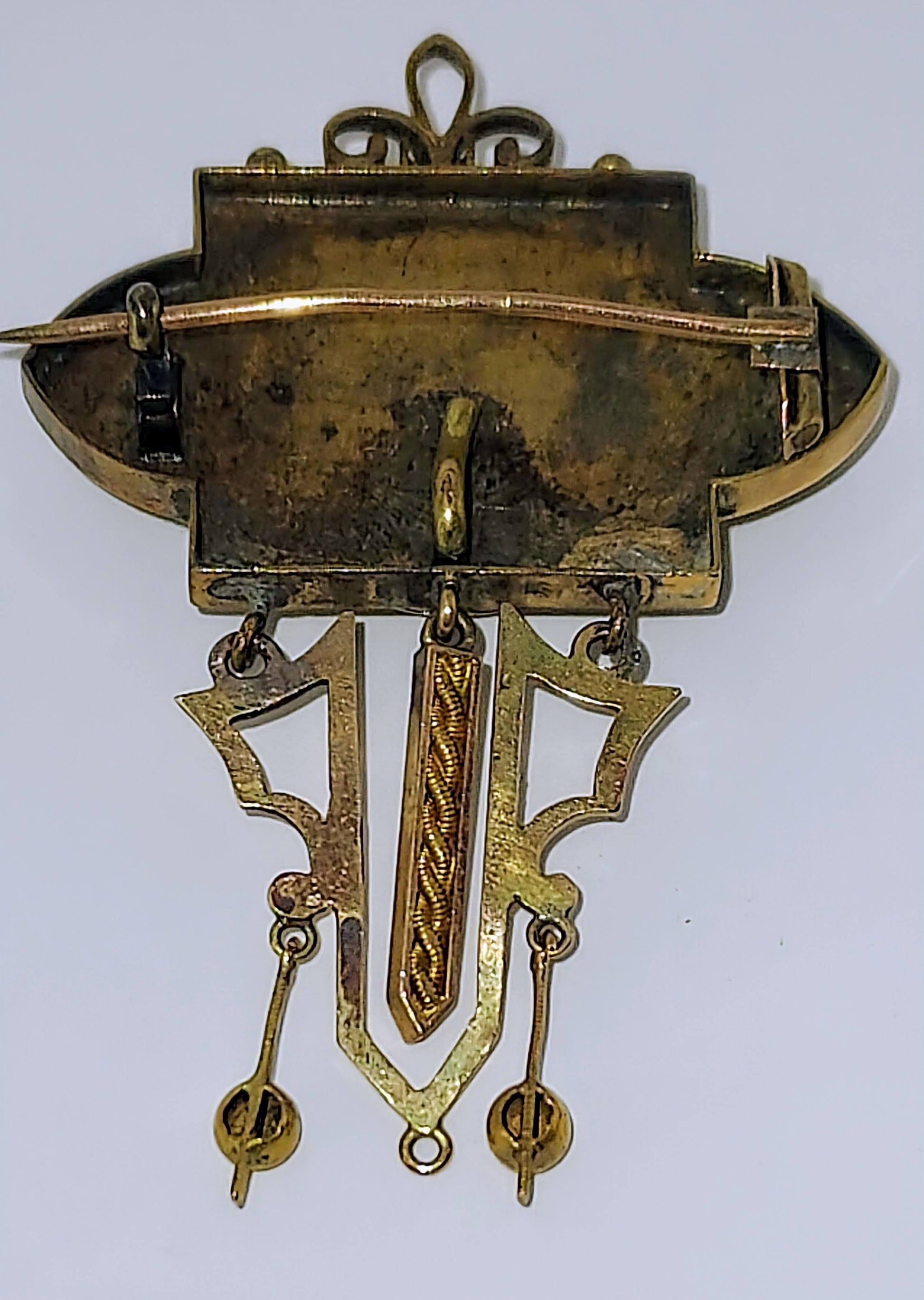 Victorian 10K Gold Onyx & Pearl Enamel Pin with Dangles