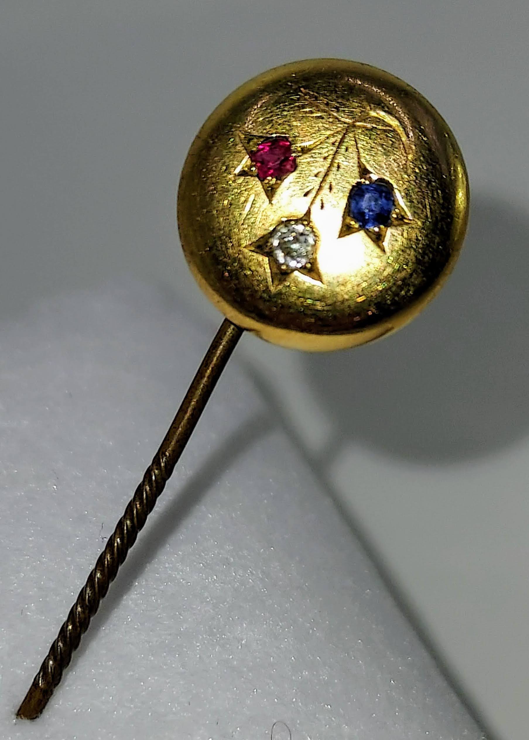 Victorian Gold Tulip Stickpin with Ruby, Diamond & Sapphire