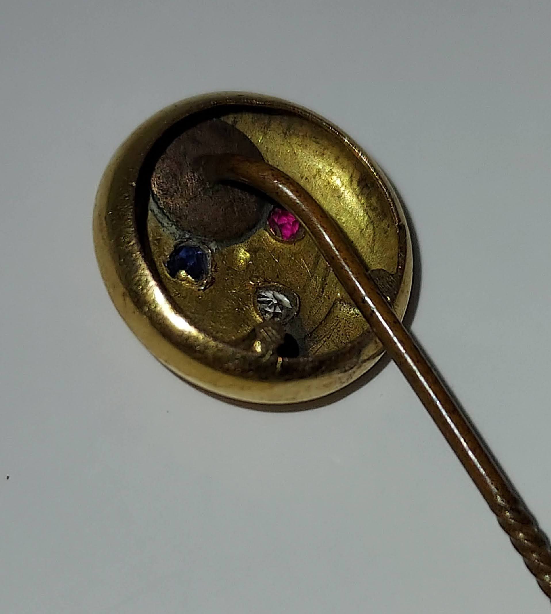 Victorian Gold Tulip Stickpin with Ruby, Diamond & Sapphire