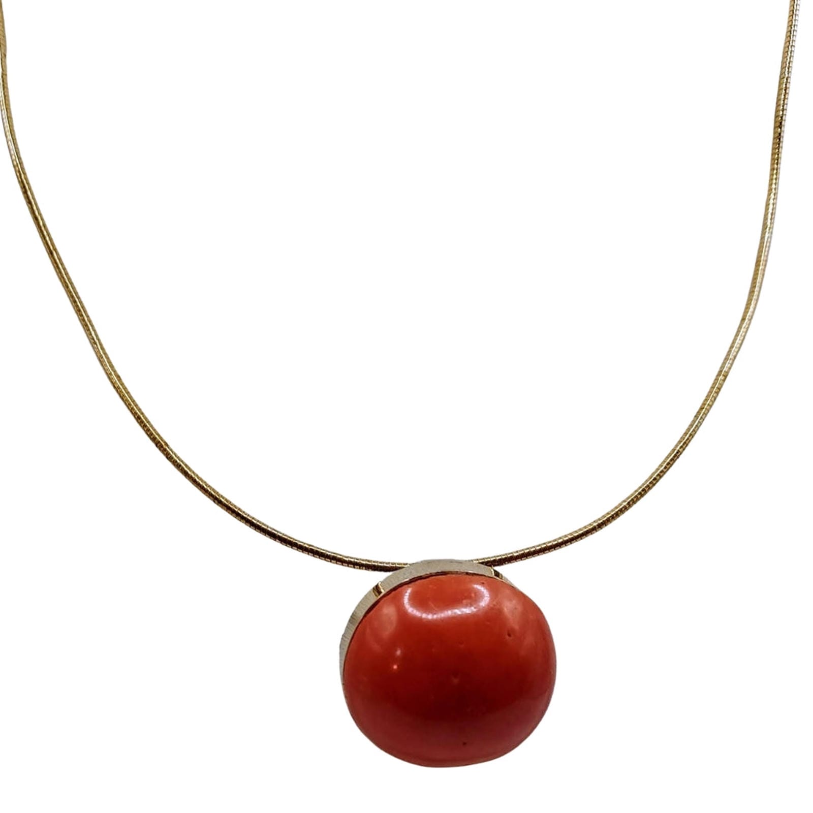 Coral Cabochon Pendant/Pin on Gold Ring Necklace