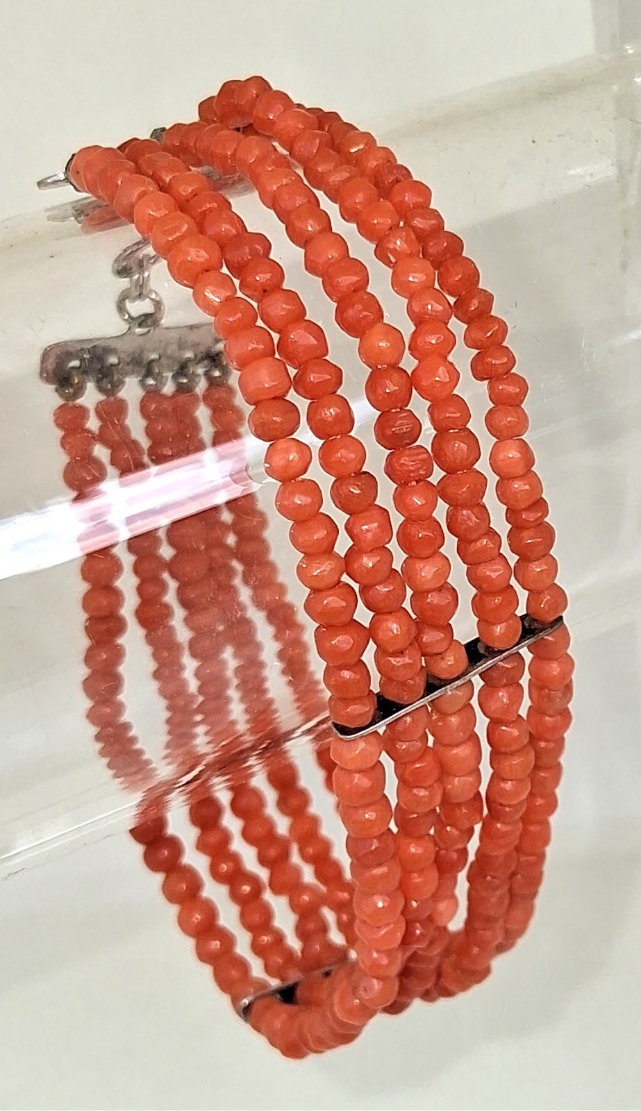 Antique Coral Beaded Bracelet — Sterling Silver Bars