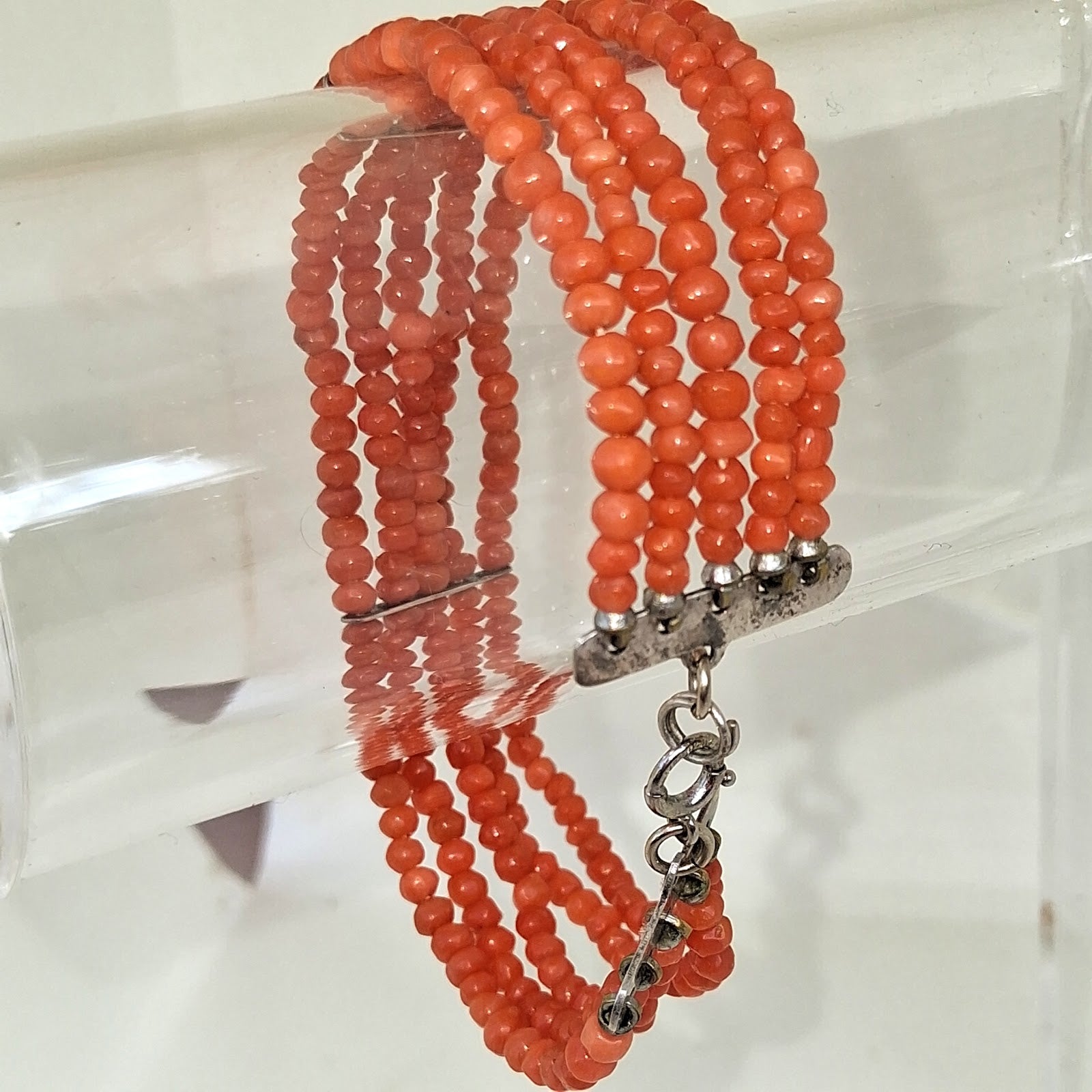 Antique Coral Beaded Bracelet — Sterling Silver Bars