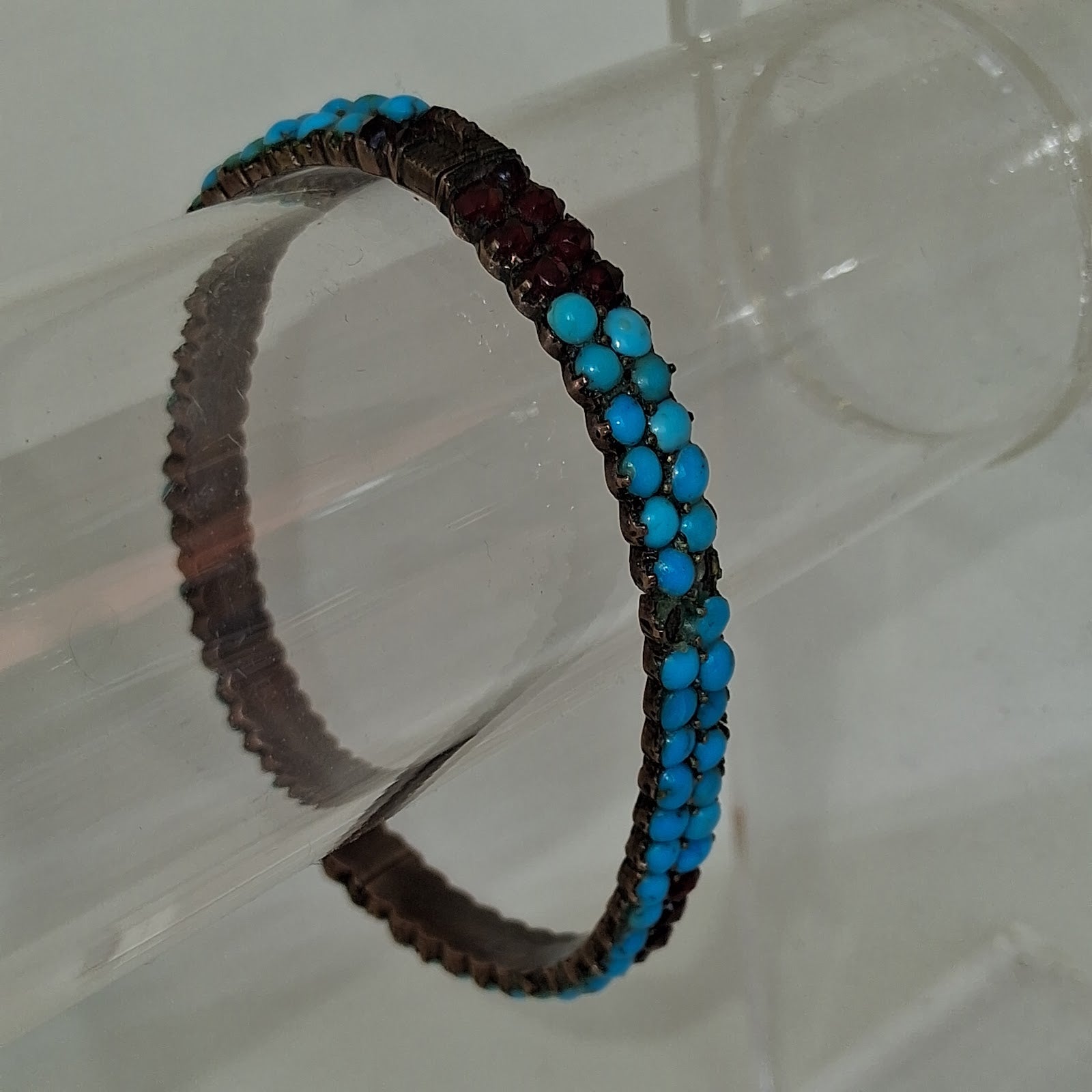 Antique Turquoise & Garnet Bangle — Copper Band