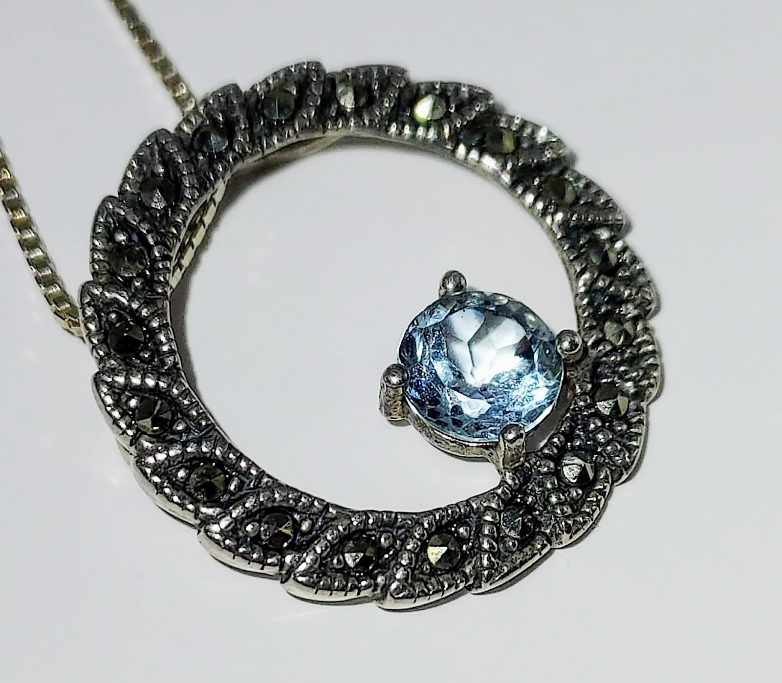 Aquamarine & Marcasite Silver Leaf Necklace, .925 chain