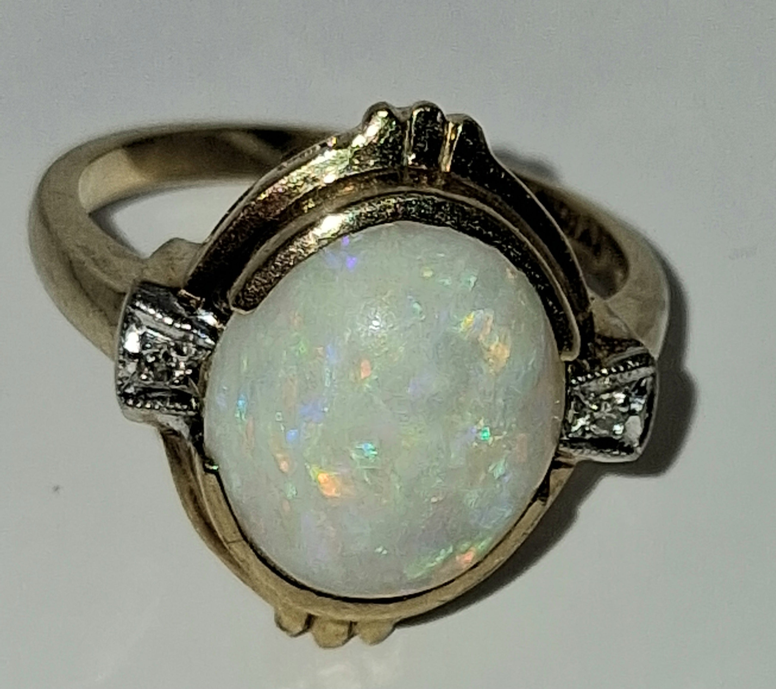 Art Deco Style Opal & Diamond Ring — 14KT Gold