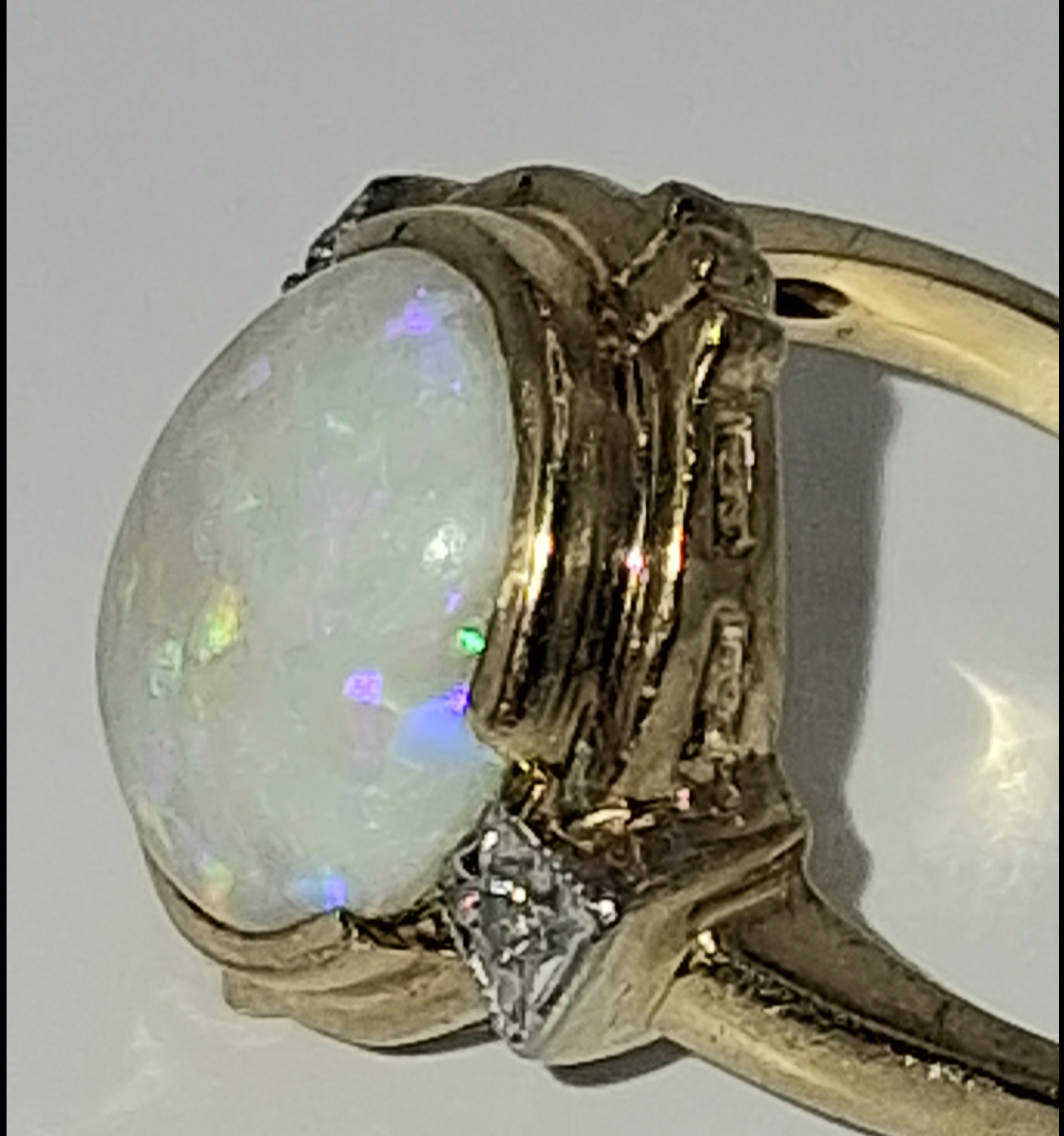 Art Deco Style Opal & Diamond Ring — 14KT Gold