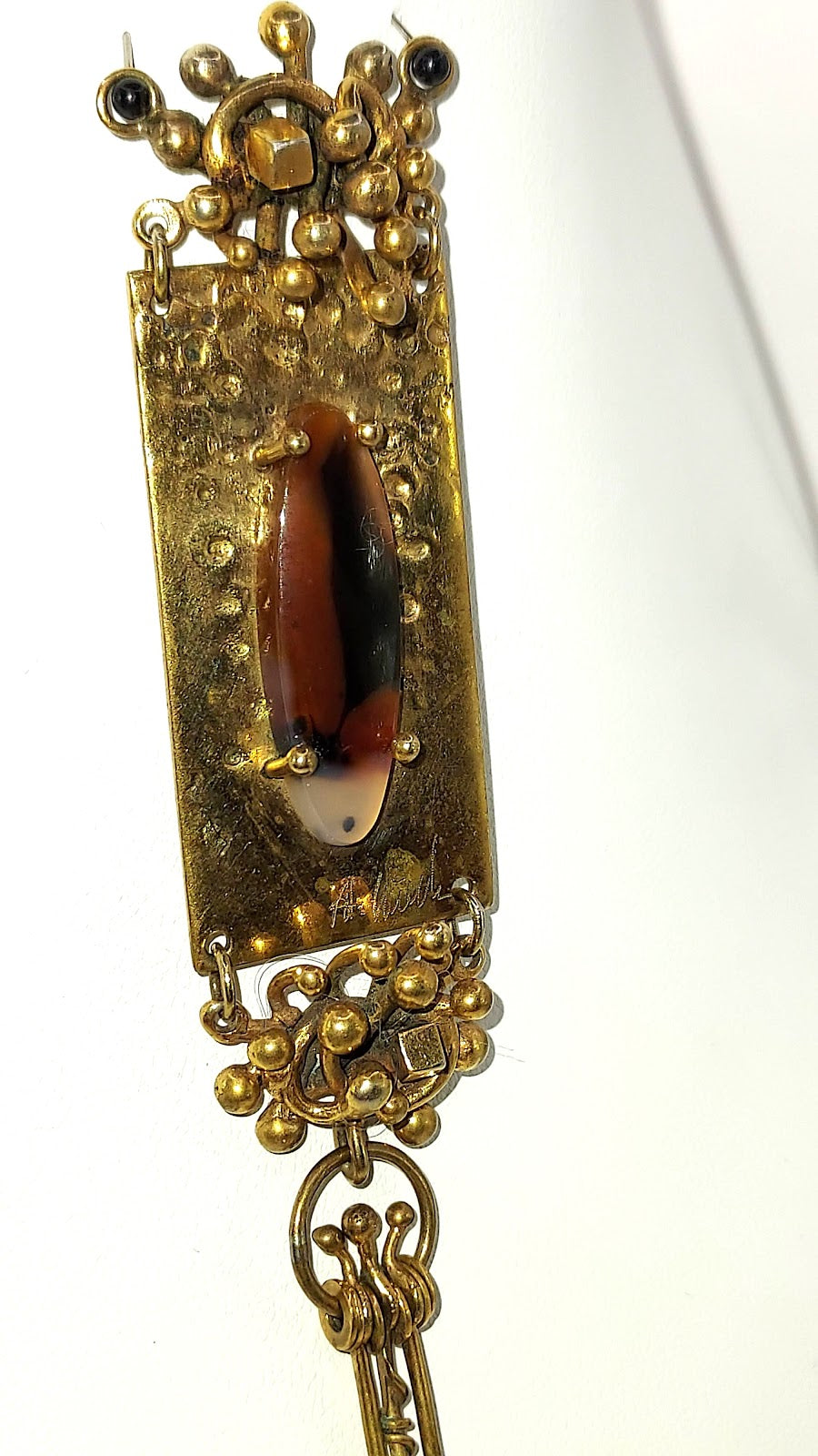 Artisan Gold Fill Pendant in Brass Frame, Brown Stone