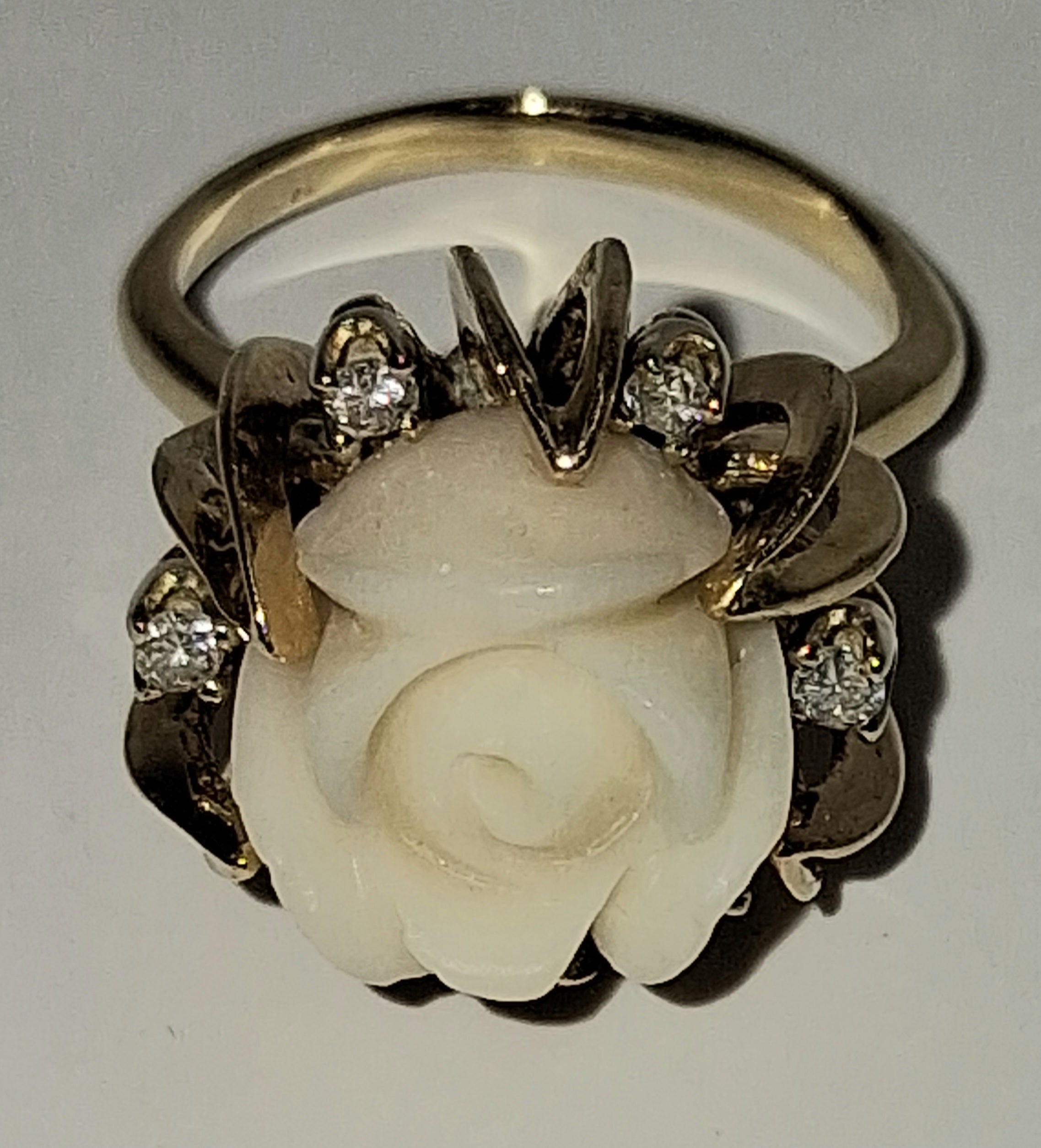 Carved White Jade Rose Ring — 14KT Gold