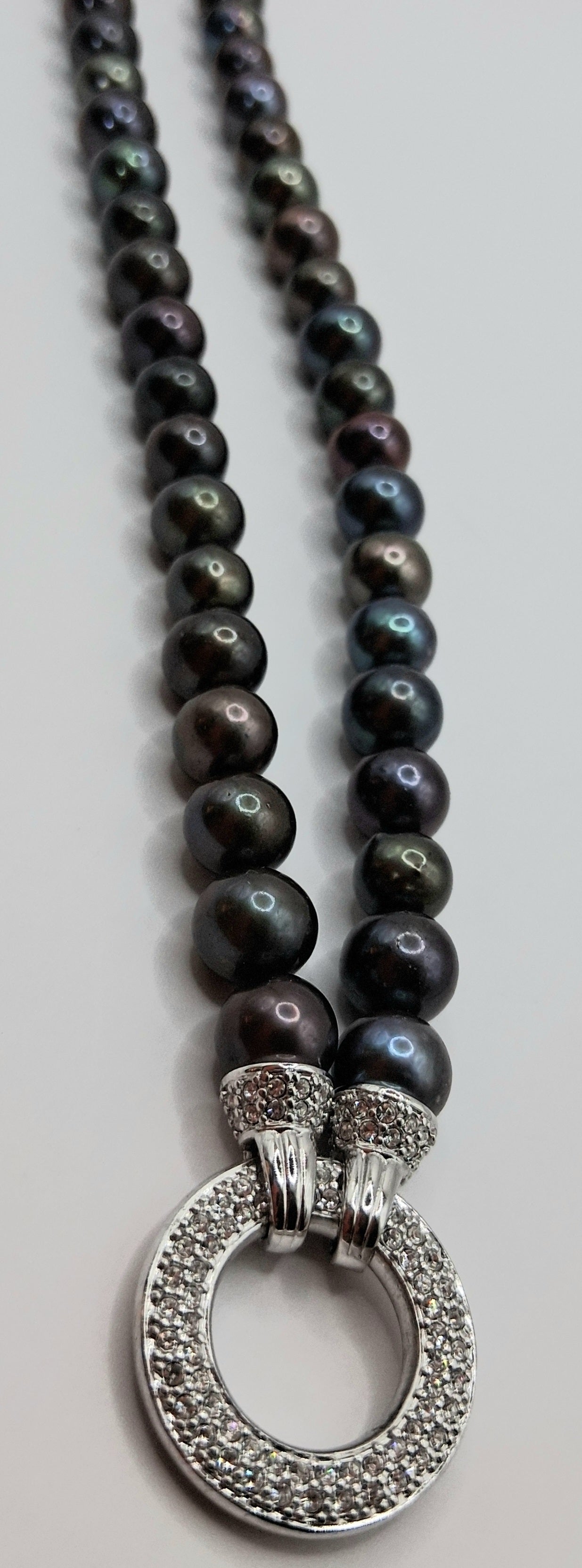 Double Strand Gray Pearl Necklace with Crystal Pendant