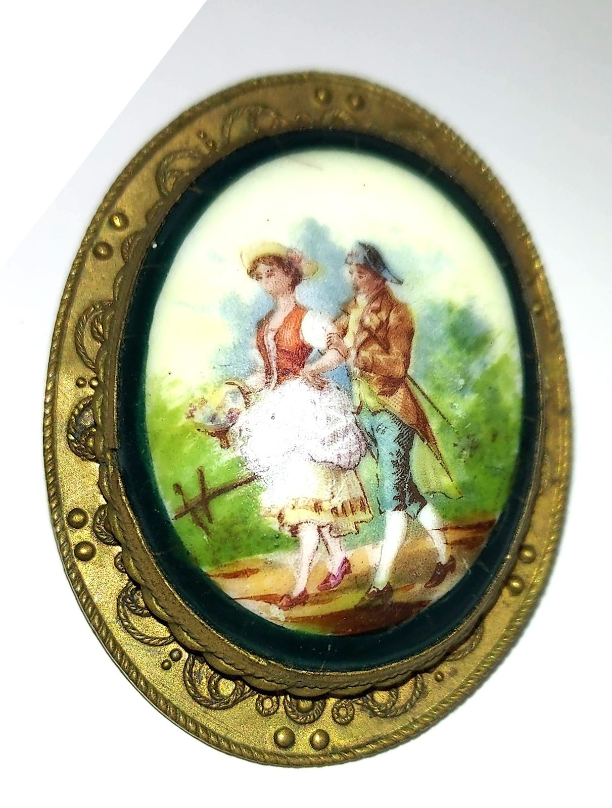 Handpainted Porcelain Brooch, A Country Couple Strolling