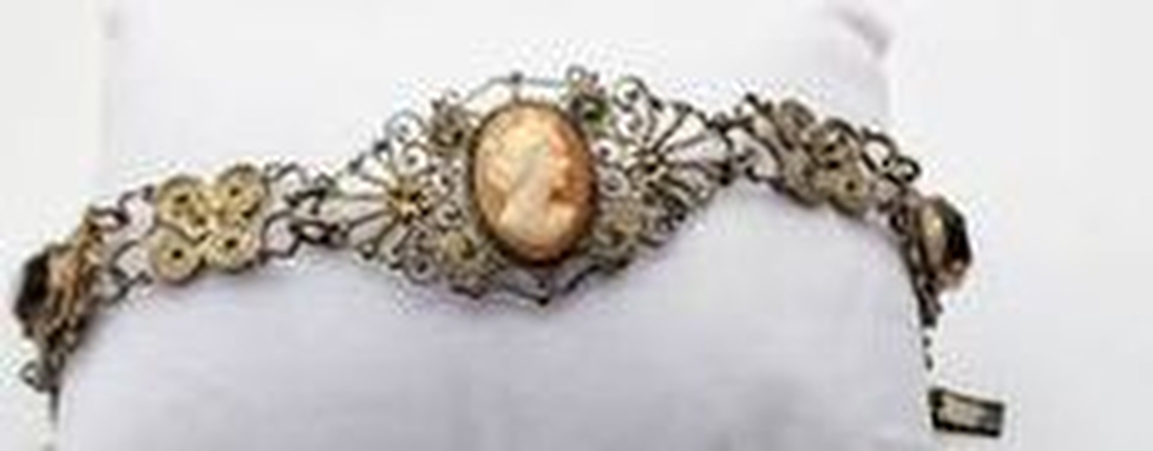 ITALY Filigree Shell Cameo Smoky Topza Antique Bracelet