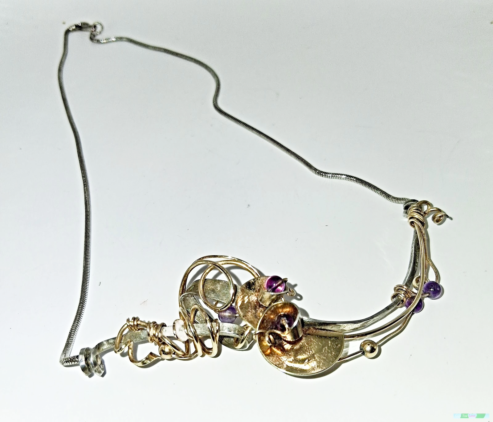 Mid-Century Artisan Sculptural Steriling, Brass, Gold Wire Necklace