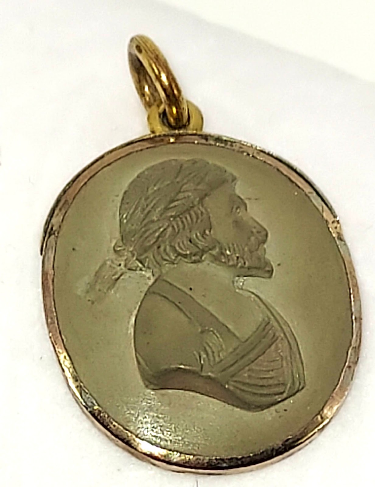 Natural Lava cameo of Male profile, Italy, Pin Pendant, Gilt metal bezel