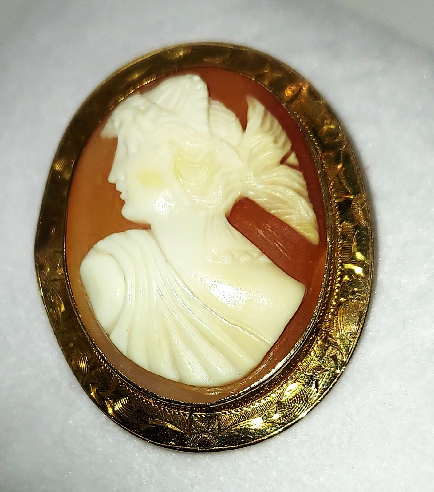 Oval White shell cameo dark coral background, gold filled bezel