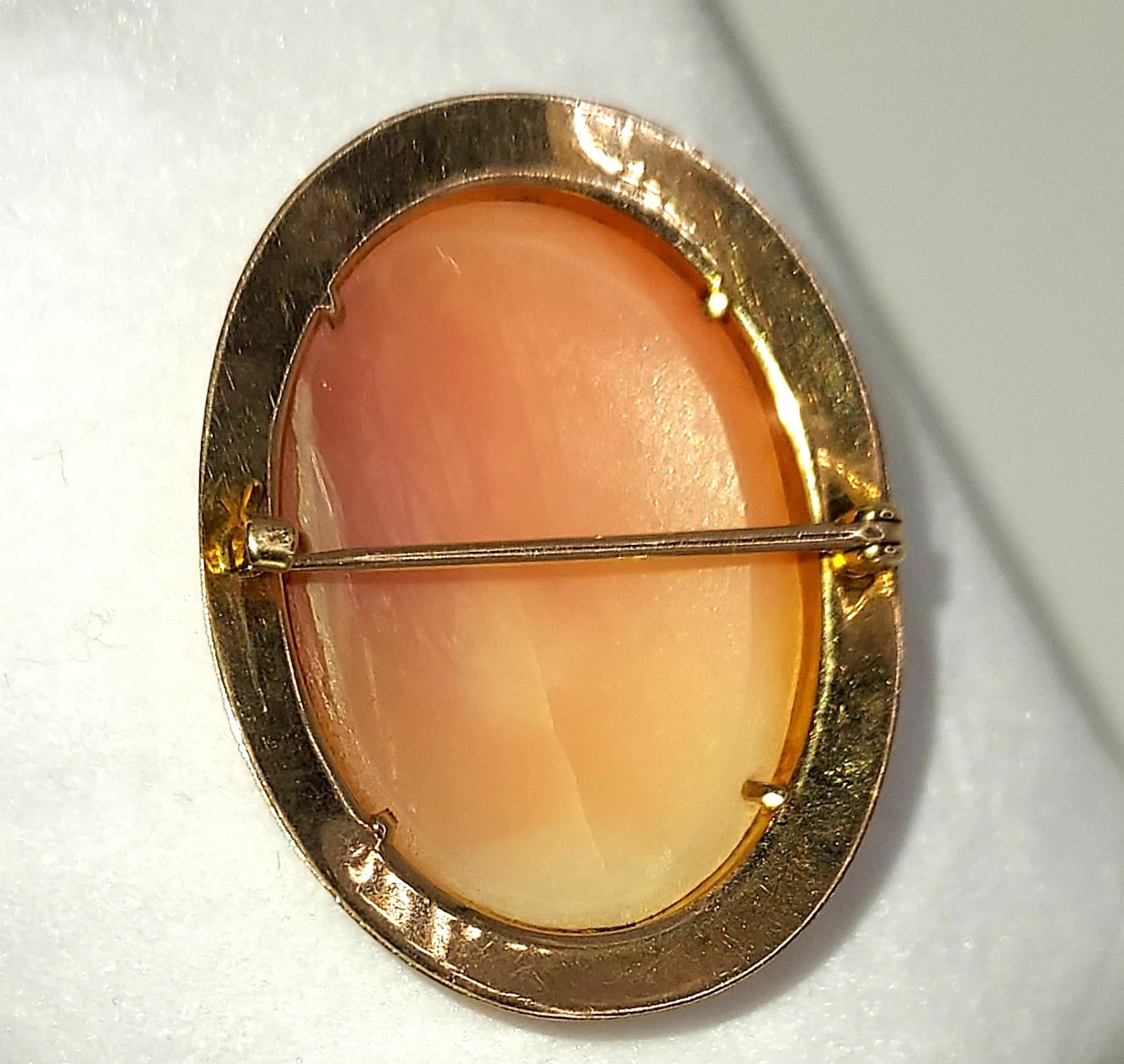 Oval White shell cameo dark coral background, gold filled bezel