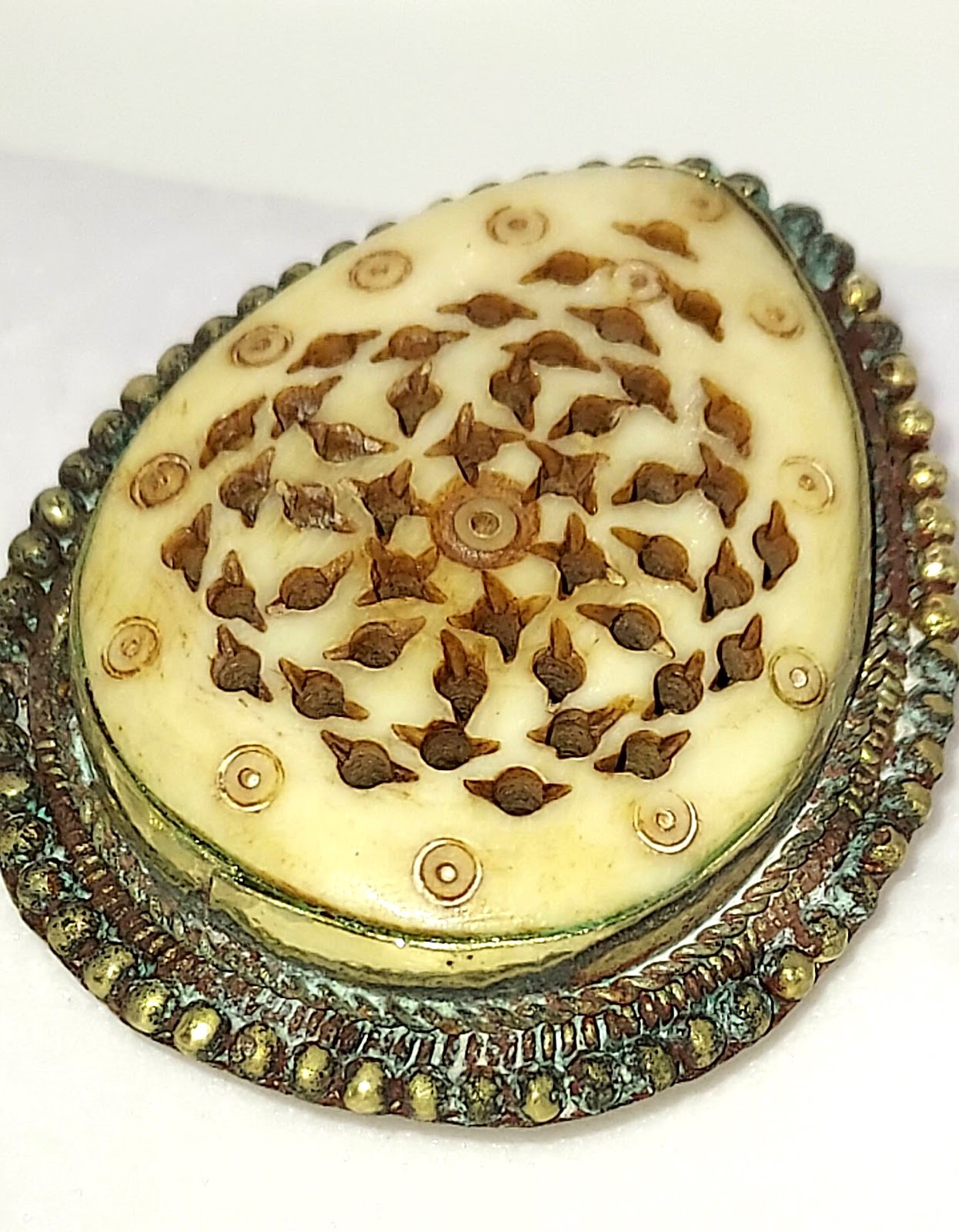 Pierced Bone Brooch — Asian Teardrop Shape, Silver-Washed Base Metal