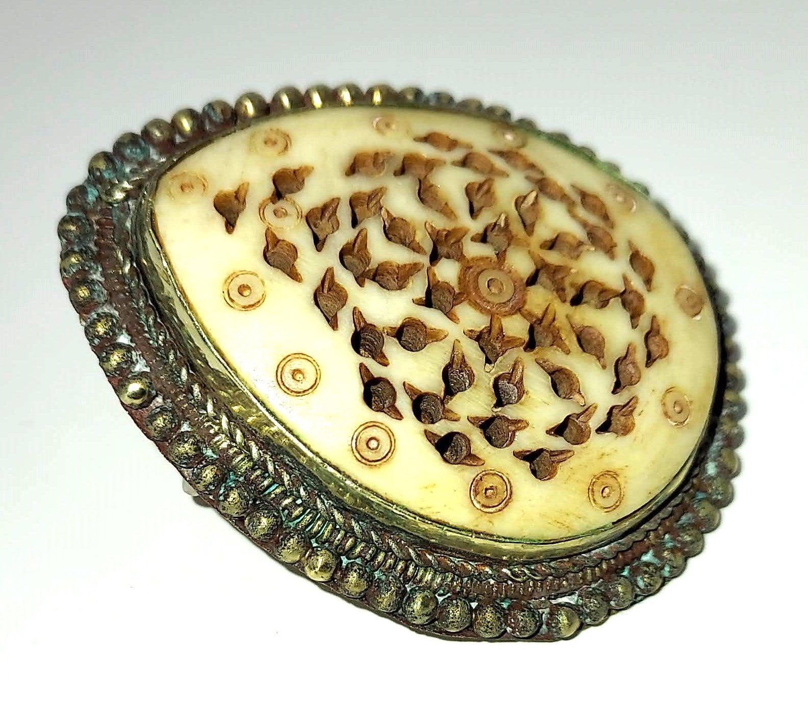 Pierced Bone Brooch — Asian Teardrop Shape, Silver-Washed Base Metal