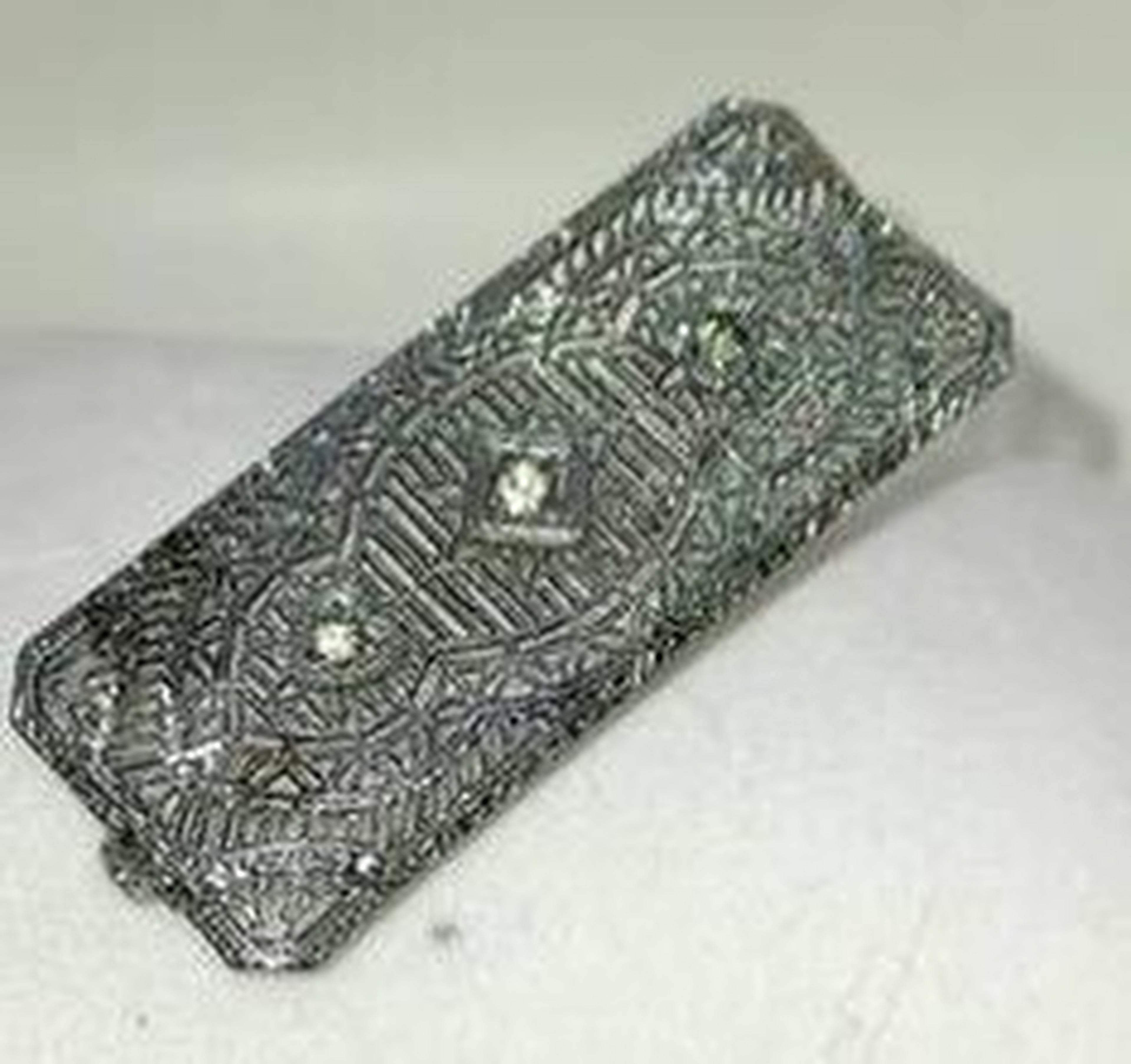 Silver-Washed Filigree Pin — Three Clear Crystals