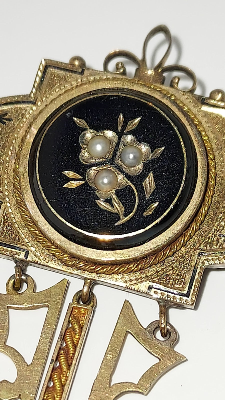 Victorian Carved Onyx & Pearl Pin — 10KT Gold with Enamel