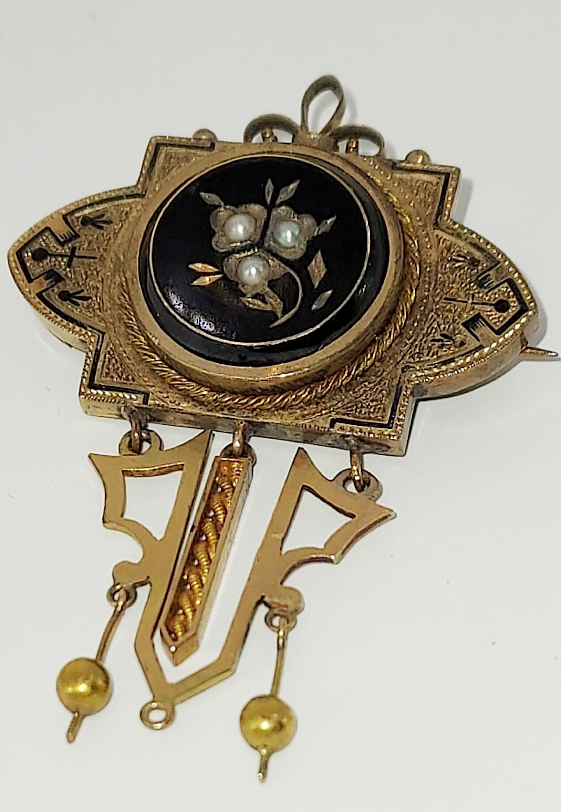 Victorian Carved Onyx & Pearl Pin — 10KT Gold with Enamel