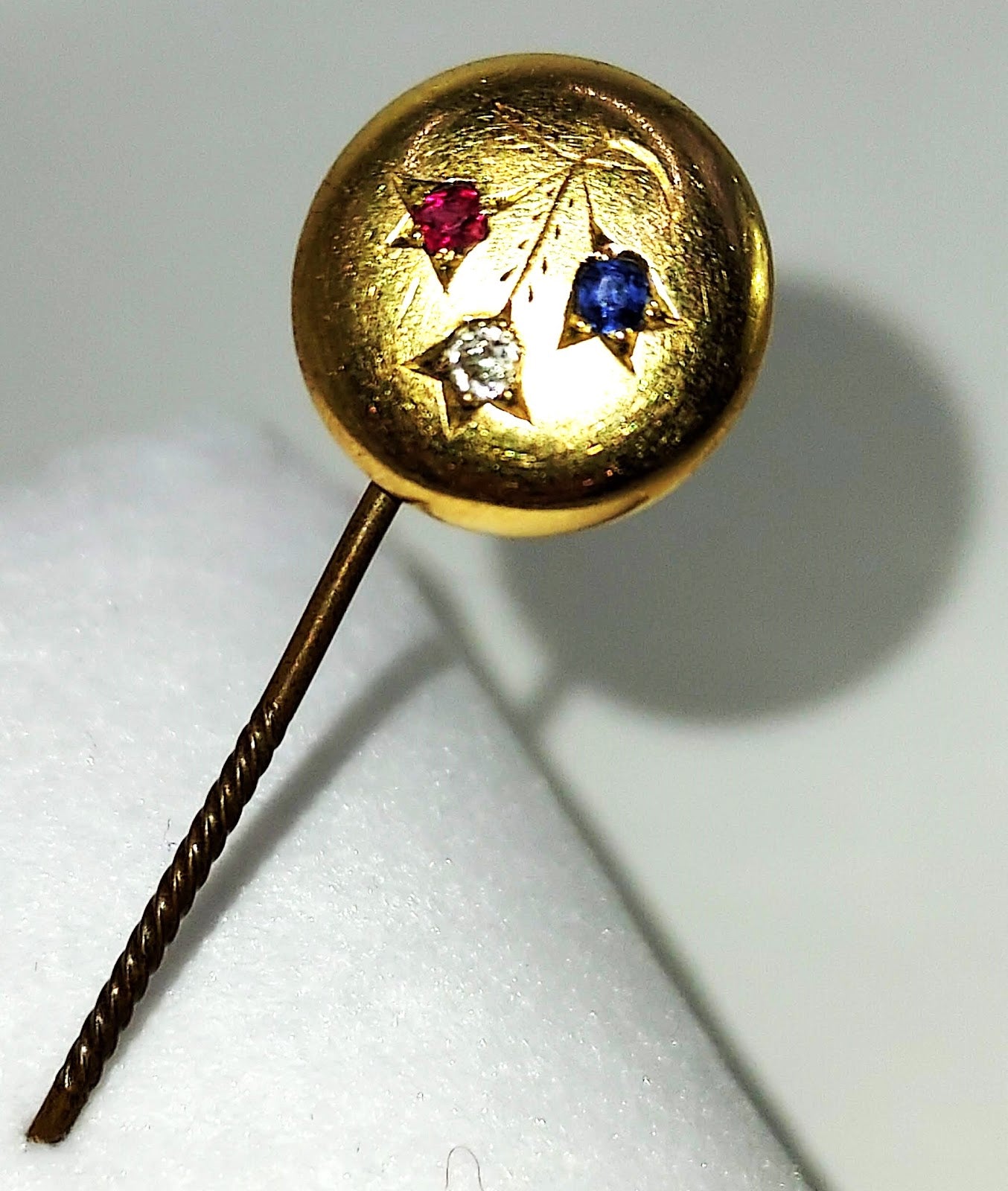 Victorian Gold Stickpin — Tulip Motif with Ruby, Diamond, Sapphire Chips