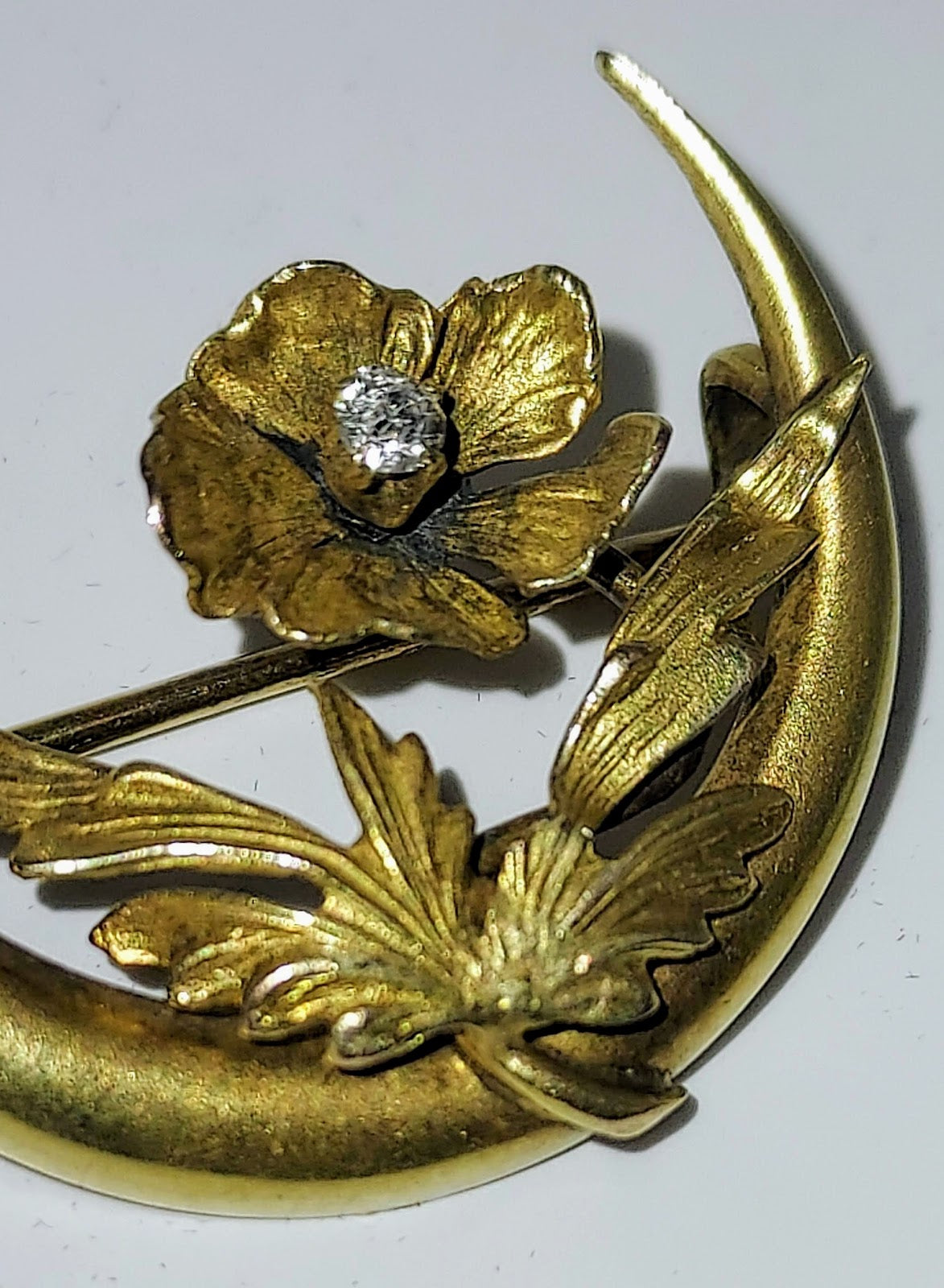 Victorian “Honeymoon” Pin — Crescent Moon with Flower & Diamond Chip