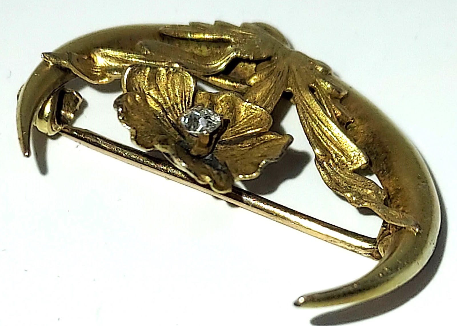 Victorian “Honeymoon” Pin — Crescent Moon with Flower & Diamond Chip