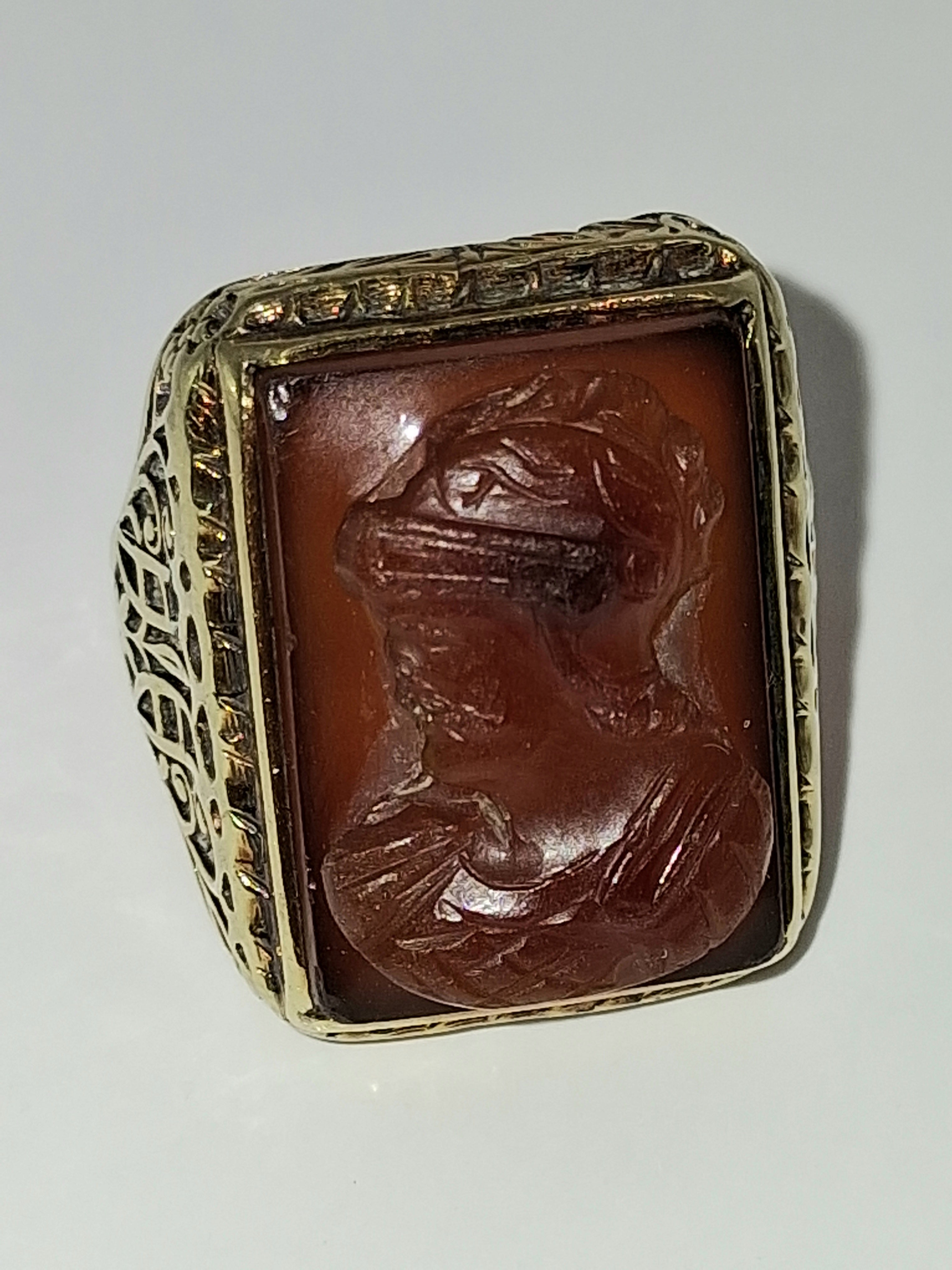 Victorian Men’s Amber Cameo Ring — Gold Filigree